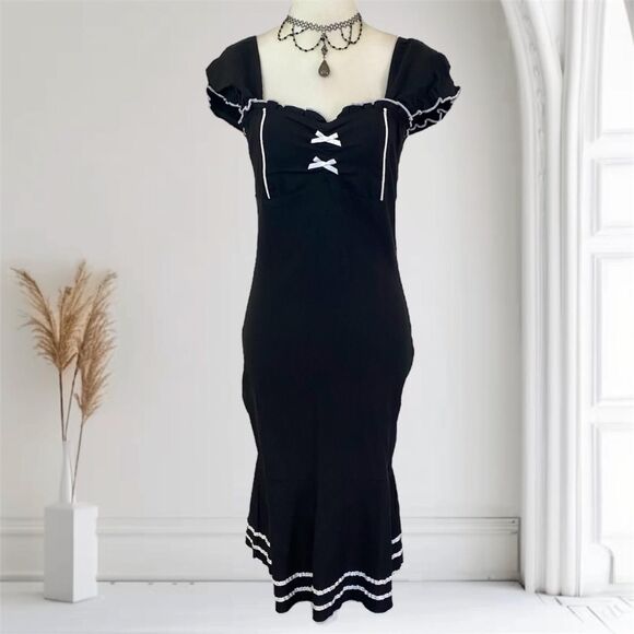 Vintage Gothic Whimsygoth Goth Black White Lolita Milkmaid Bow Midi Dress M - Picture 1 of 8